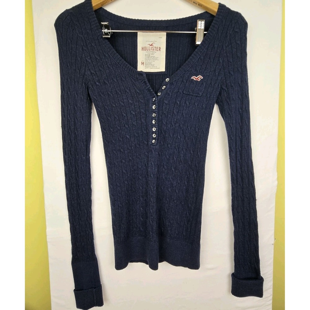 Vintage Y2K Hollister Rabbit Hair Blend Sweater Henley Blue Sz M Cable Knit Blue
